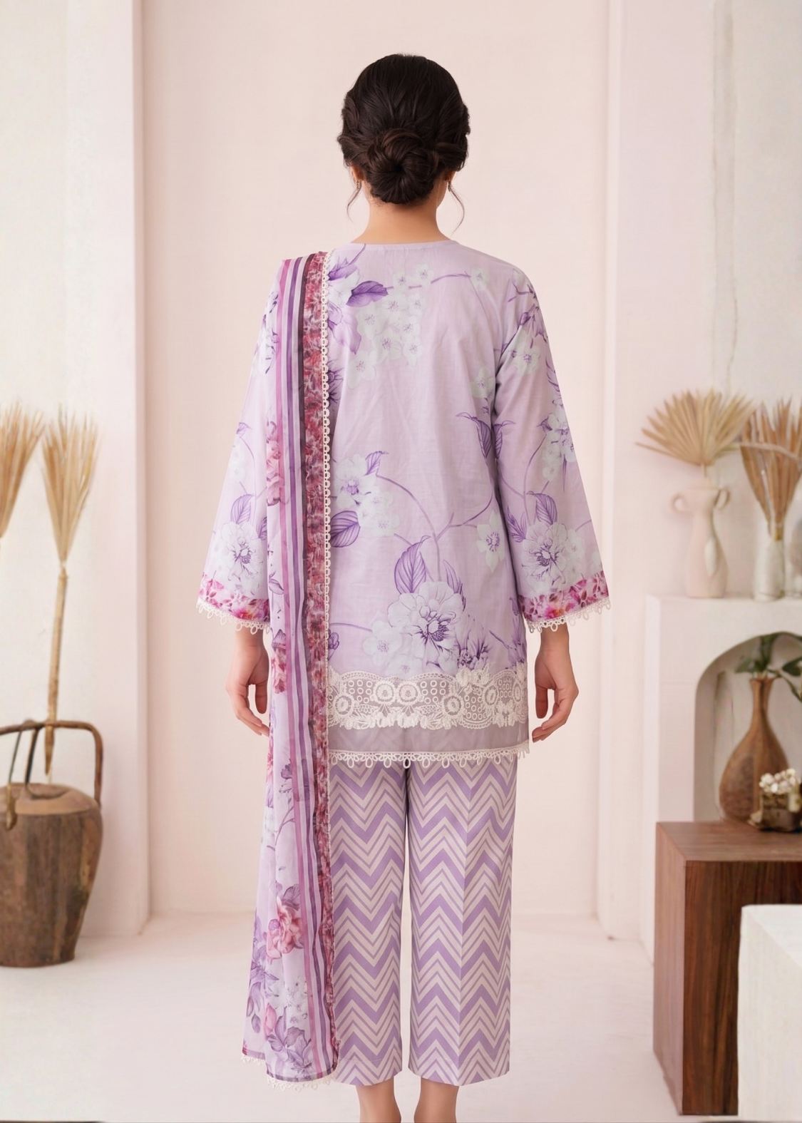 3-Pcs Stitched Lawn Suit Indigo Stripes