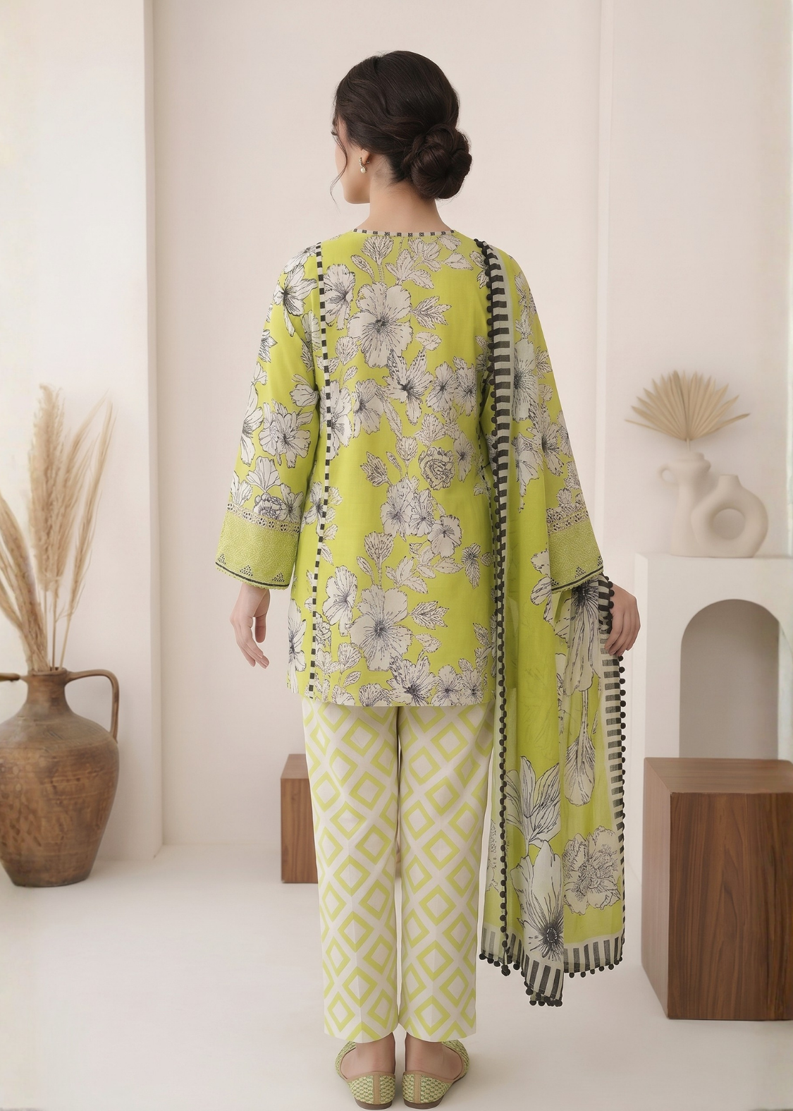 Woman wearing a green and white floral outfit with a matching dupatta in a minimalistic setting.