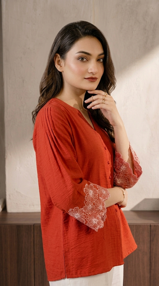Top with Embroidered Sleeves
