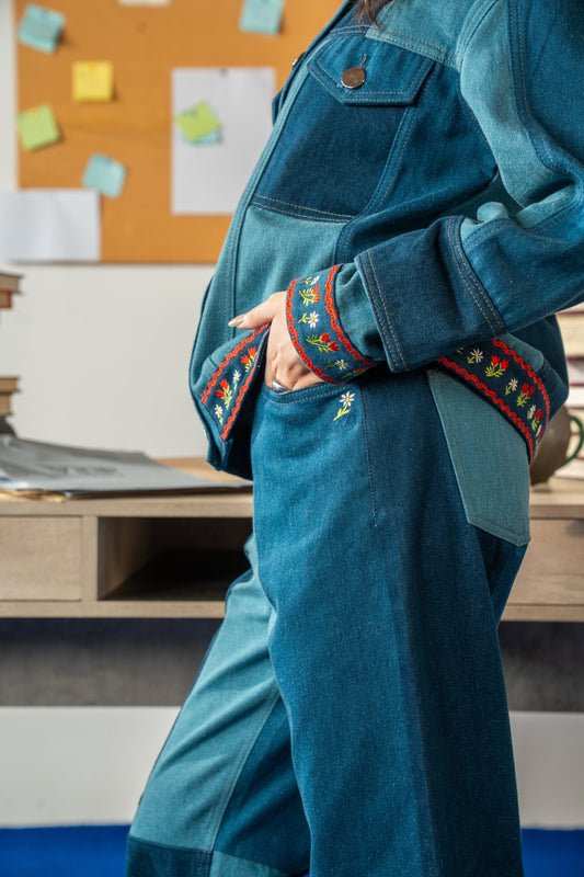 Embroidered Denim Pants with Patch Details