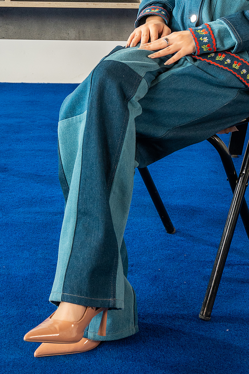 Embroidered Denim Pants with Patch Details - Peelu Online
