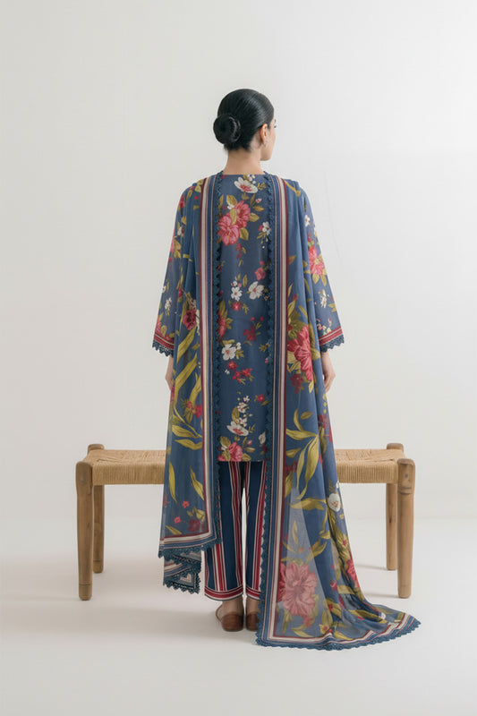 3-Pcs Stitched Lawn Suit Indigo Stripes