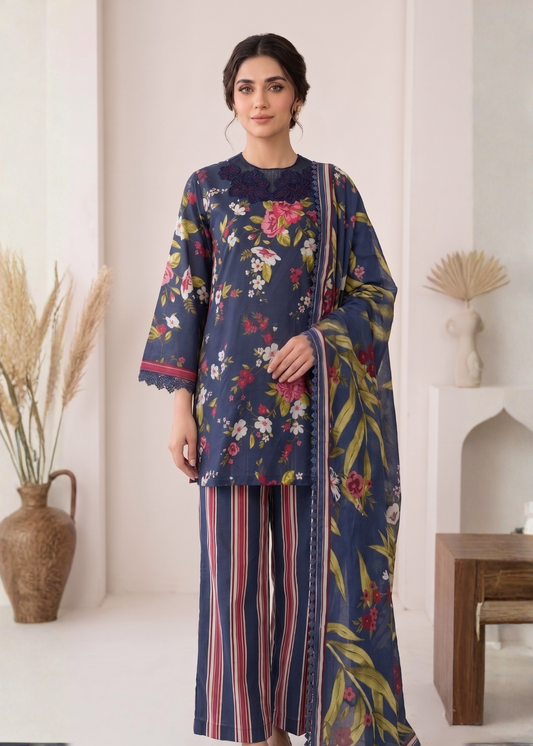3-Pcs Stitched Lawn Suit Indigo Stripes