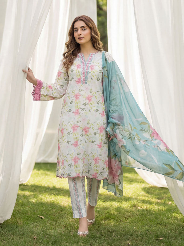 3-Pcs Stitched Lawn Suit Aqua Flora
