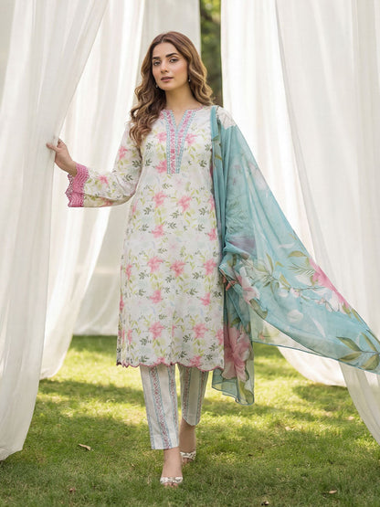 3-Pcs Stitched Lawn Suit Aqua Flora