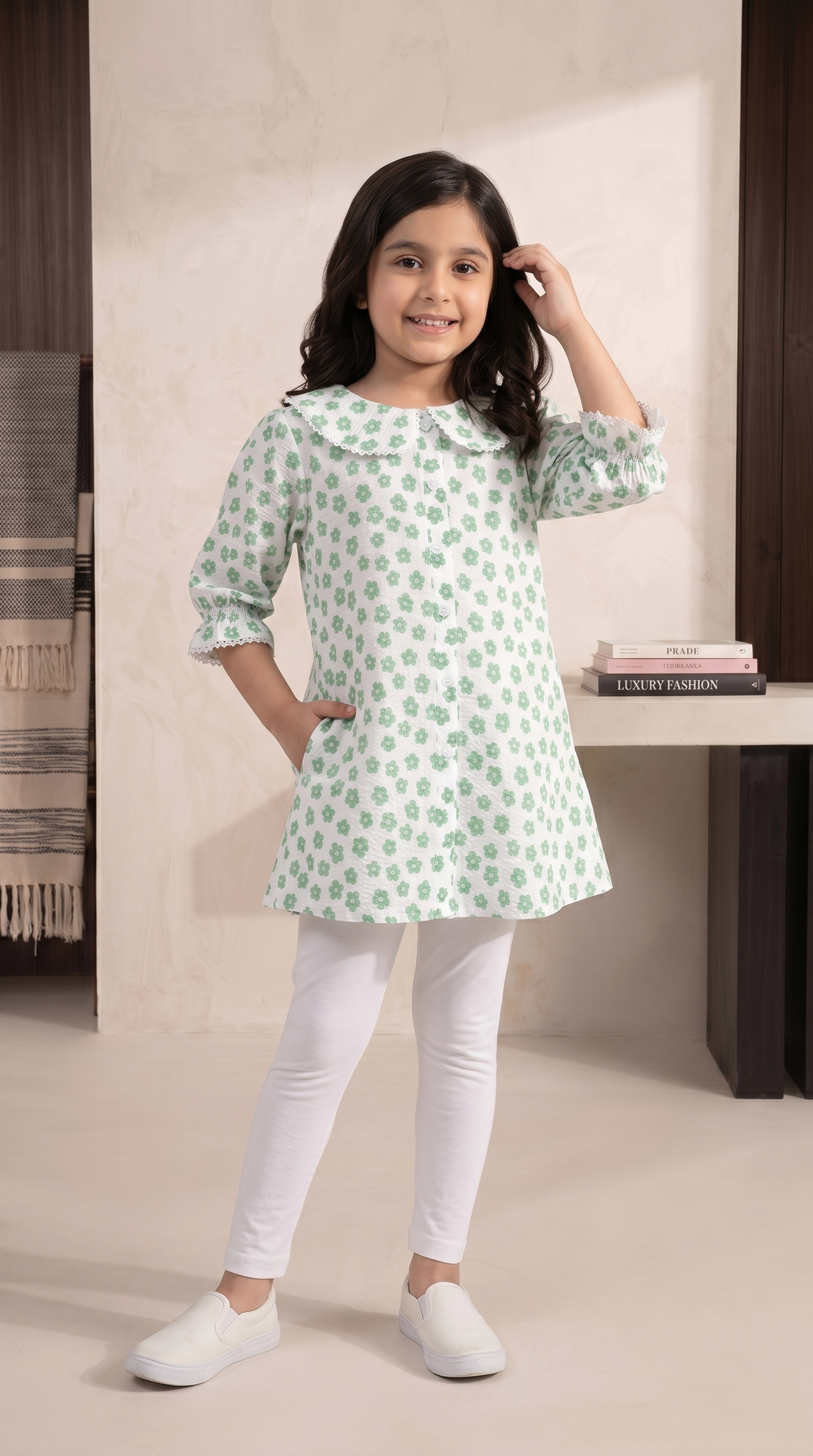 Young girl wearing a green floral dress with white leggings indoors.