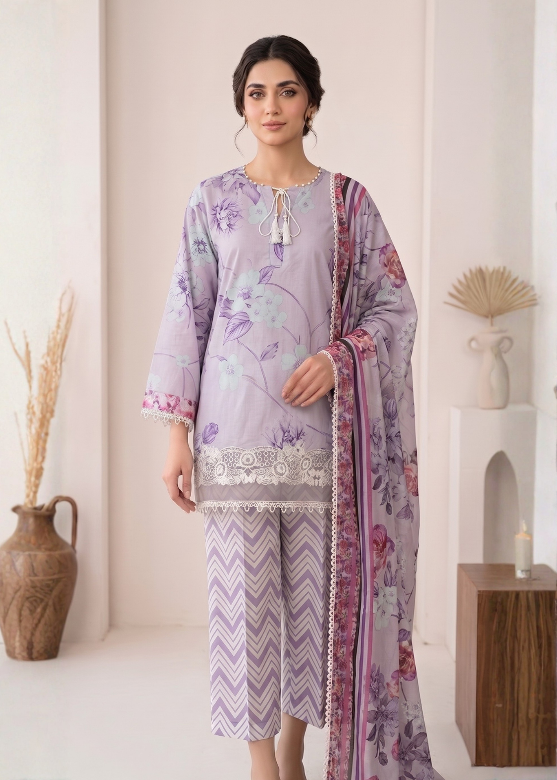 3-Pcs Stitched Lawn Suit Indigo Stripes