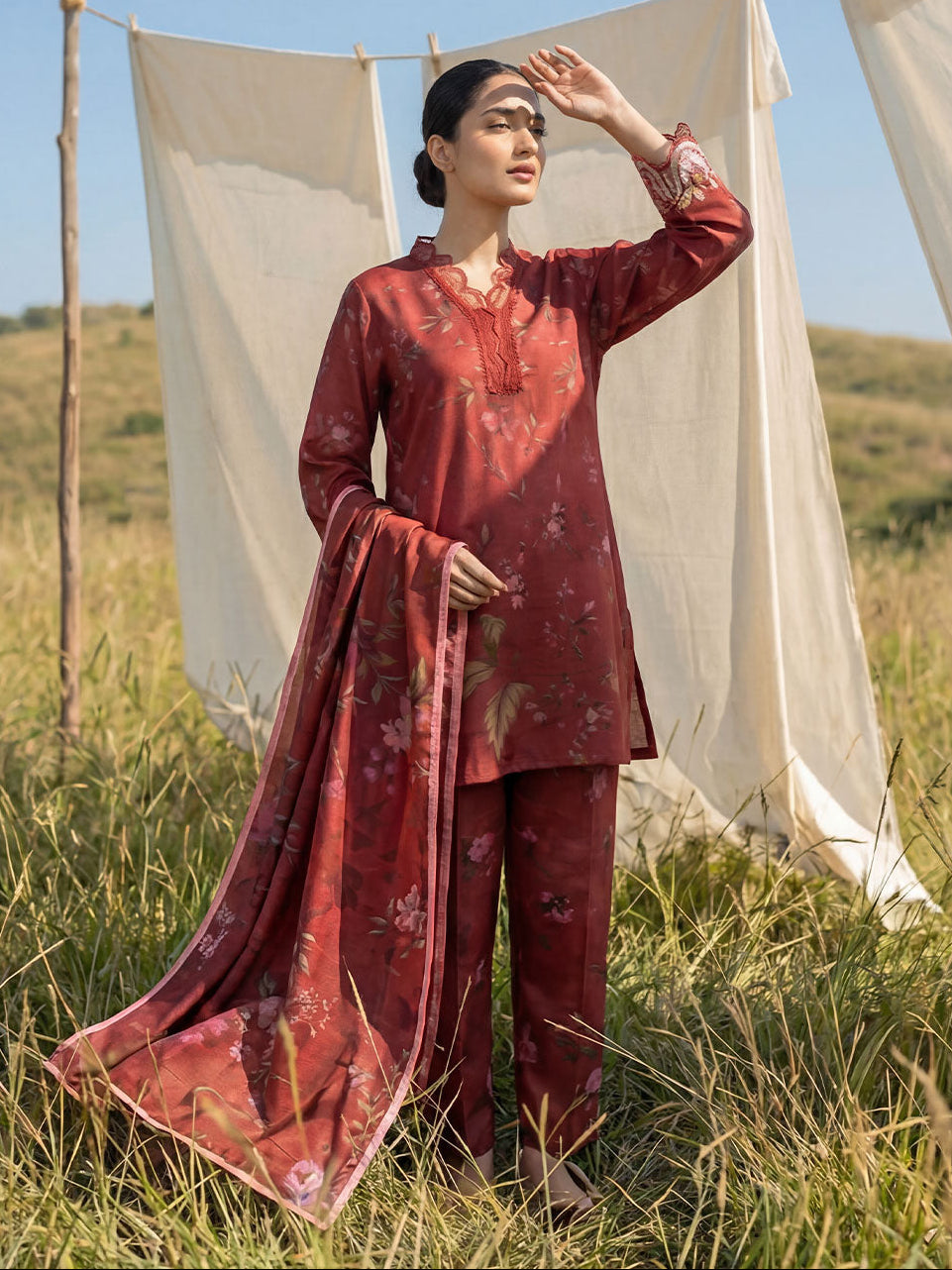 Person wearing a red traditional outfit standing in a grassy field with a white curtain in the background.