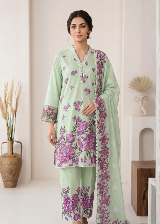 3-Pcs Stitched Lawn Suit Mint Blossom