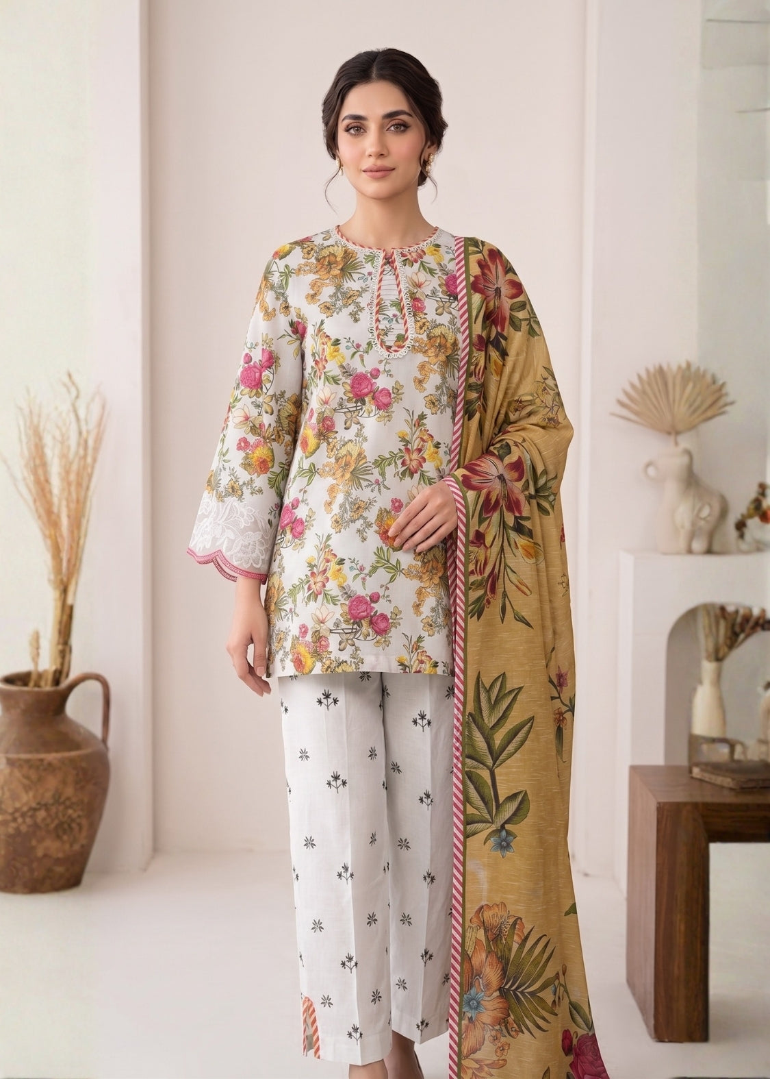 Woman wearing a floral dress with a matching dupatta in a minimalistic room.