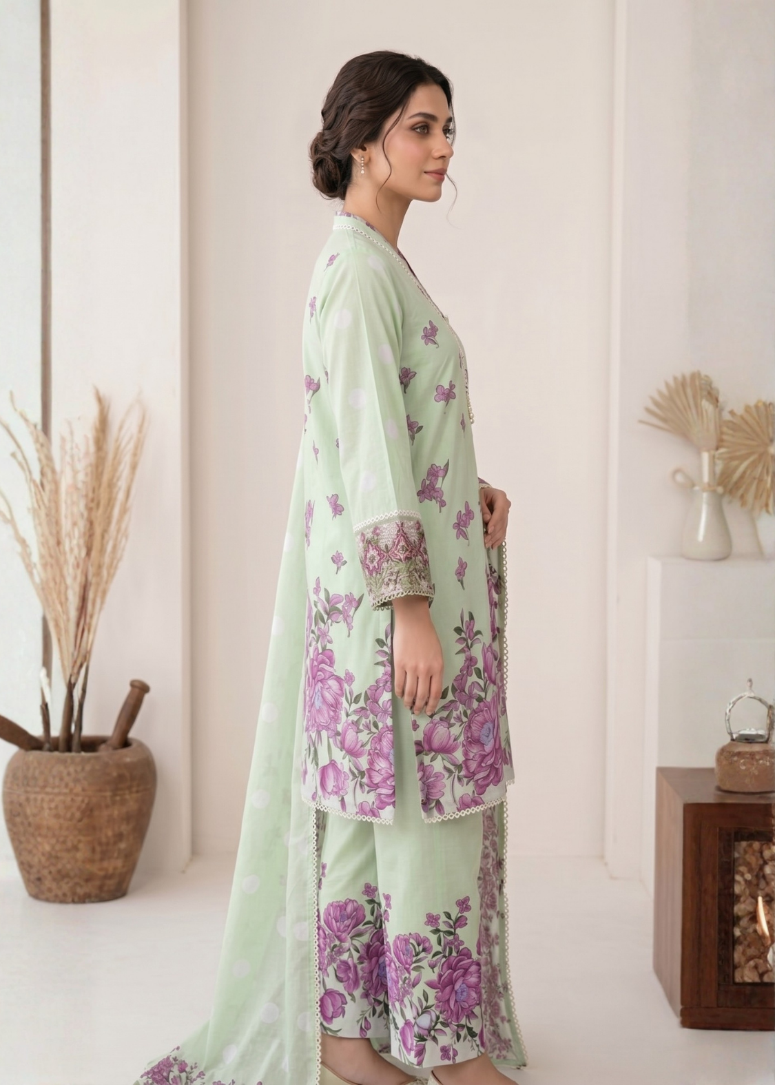 3-Pcs Stitched Lawn Suit Mint Blossom