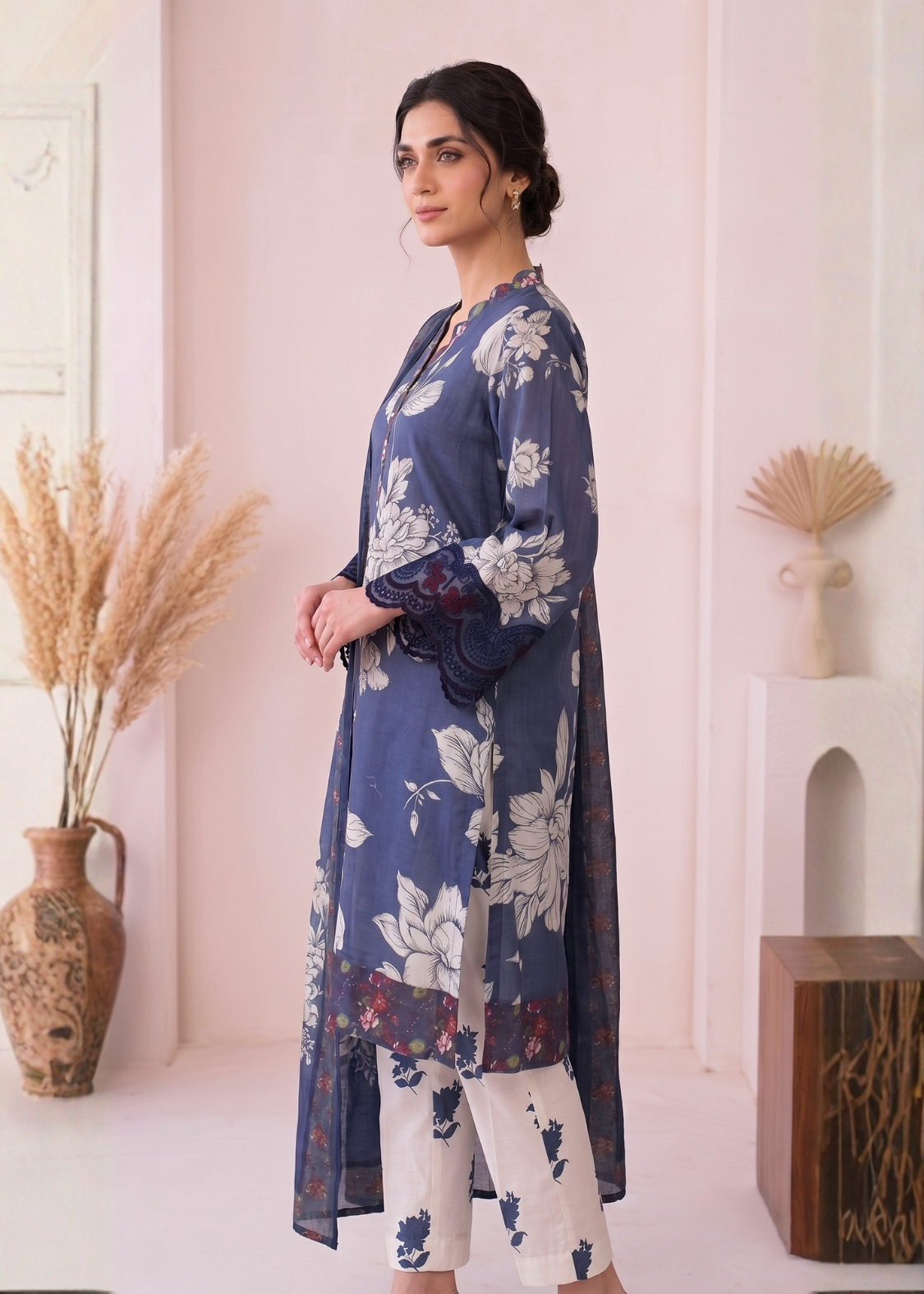 3-Pcs Stitched Lawn Suit Blue Noir