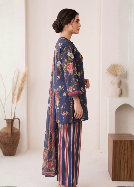 3-Pcs Stitched Lawn Suit Indigo Stripes
