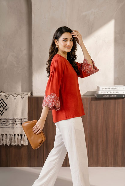 Top with Embroidered Sleeves