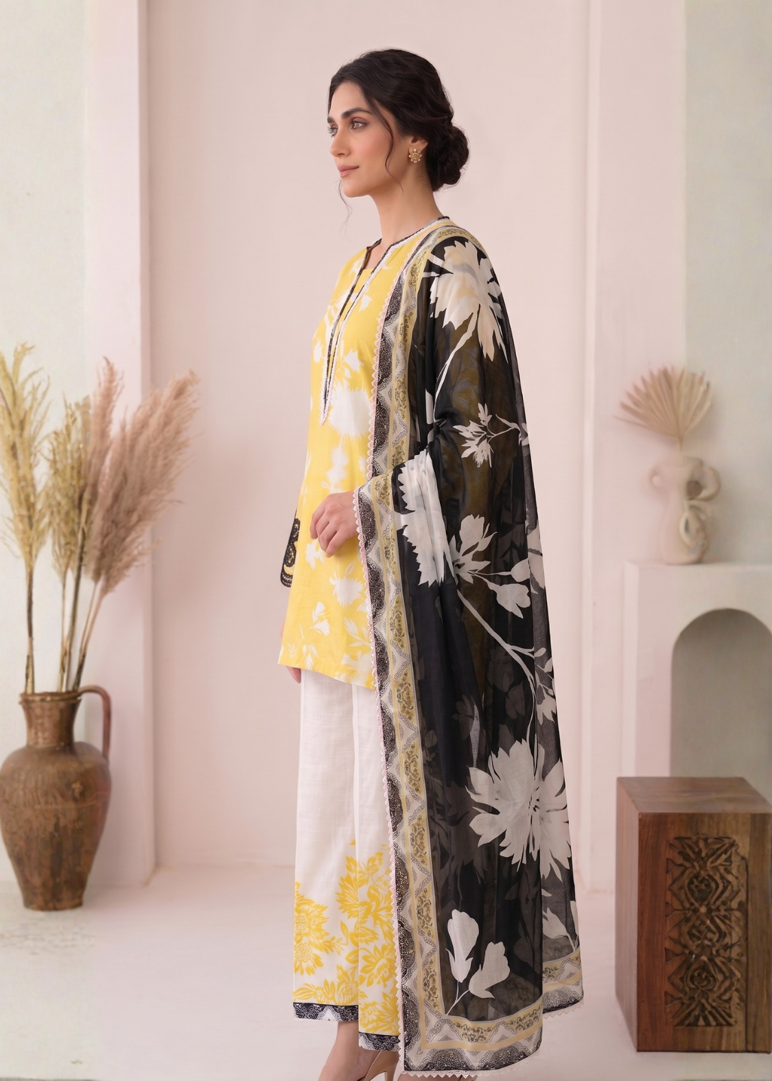 Woman wearing a floral kimono-style garment with a yellow top and white pants in a minimalistic setting.
