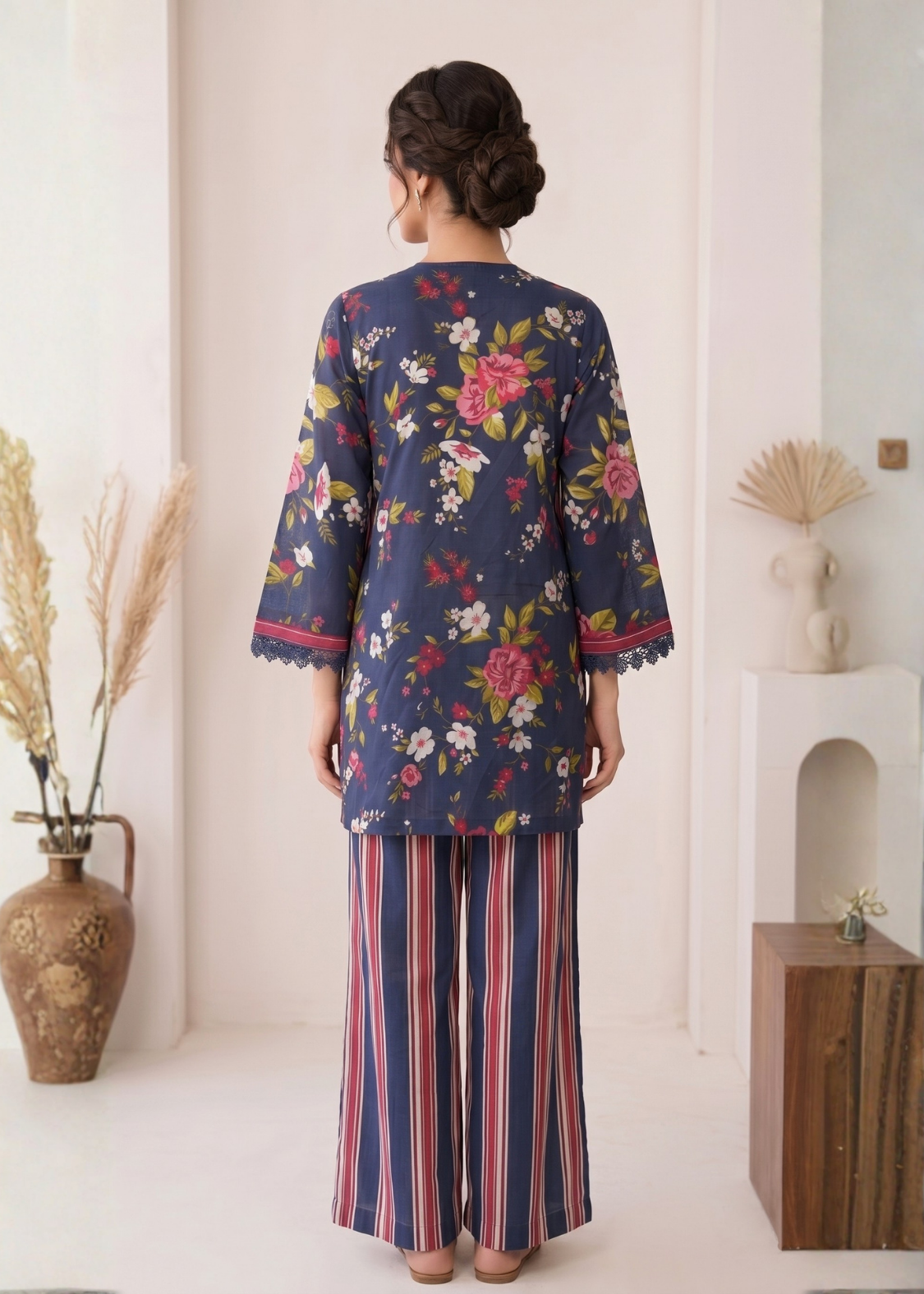 3-Pcs Stitched Lawn Suit Indigo Stripes