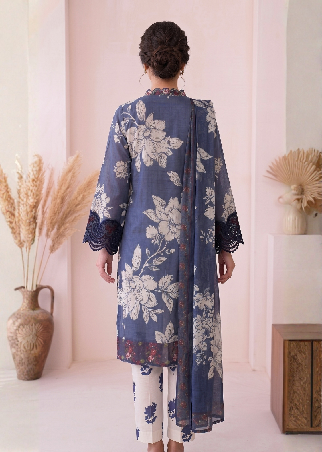 3-Pcs Stitched Lawn Suit Blue Noir