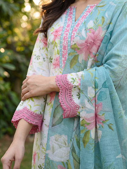 3-Pcs Stitched Lawn Suit Aqua Flora