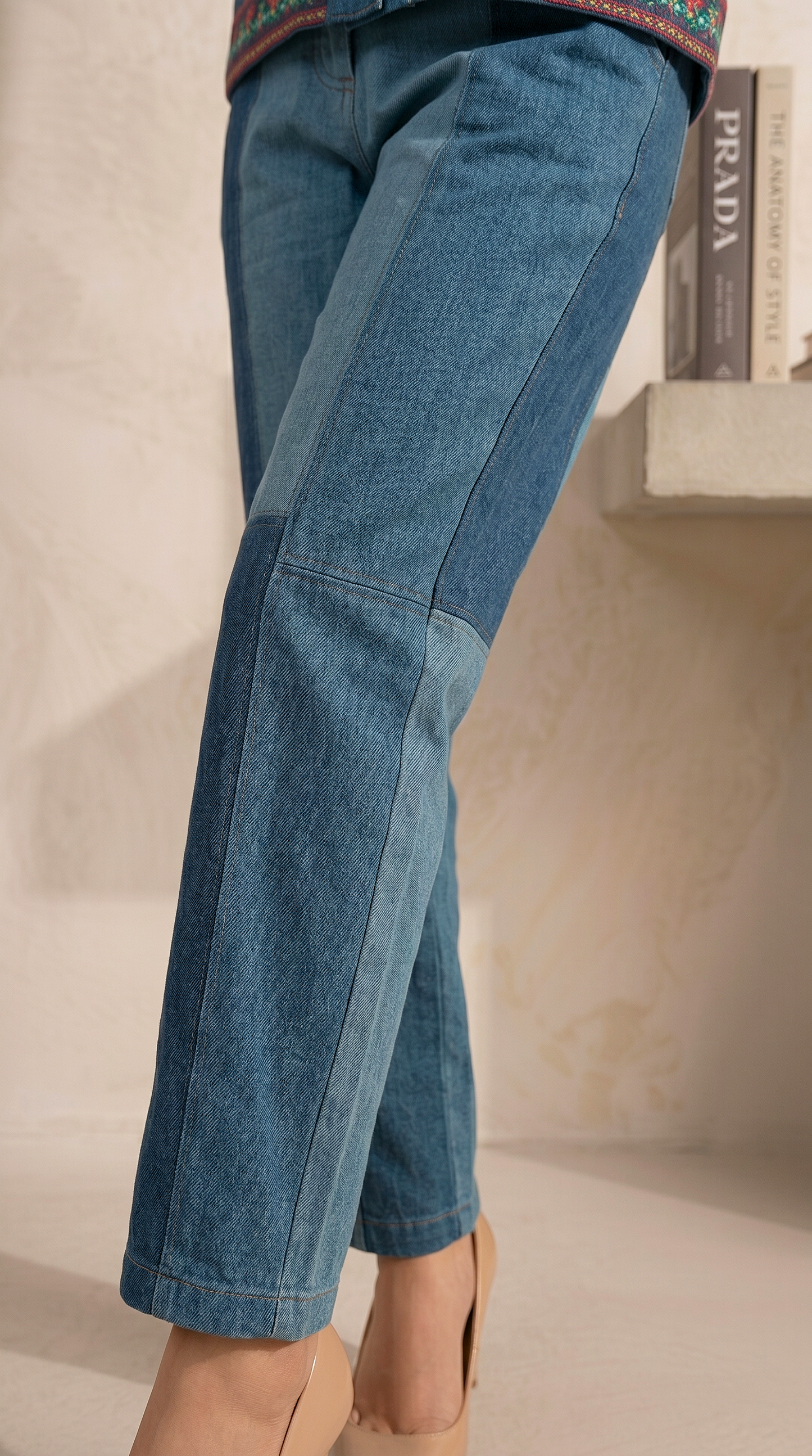Embroidered Denim Pants with Patch Details