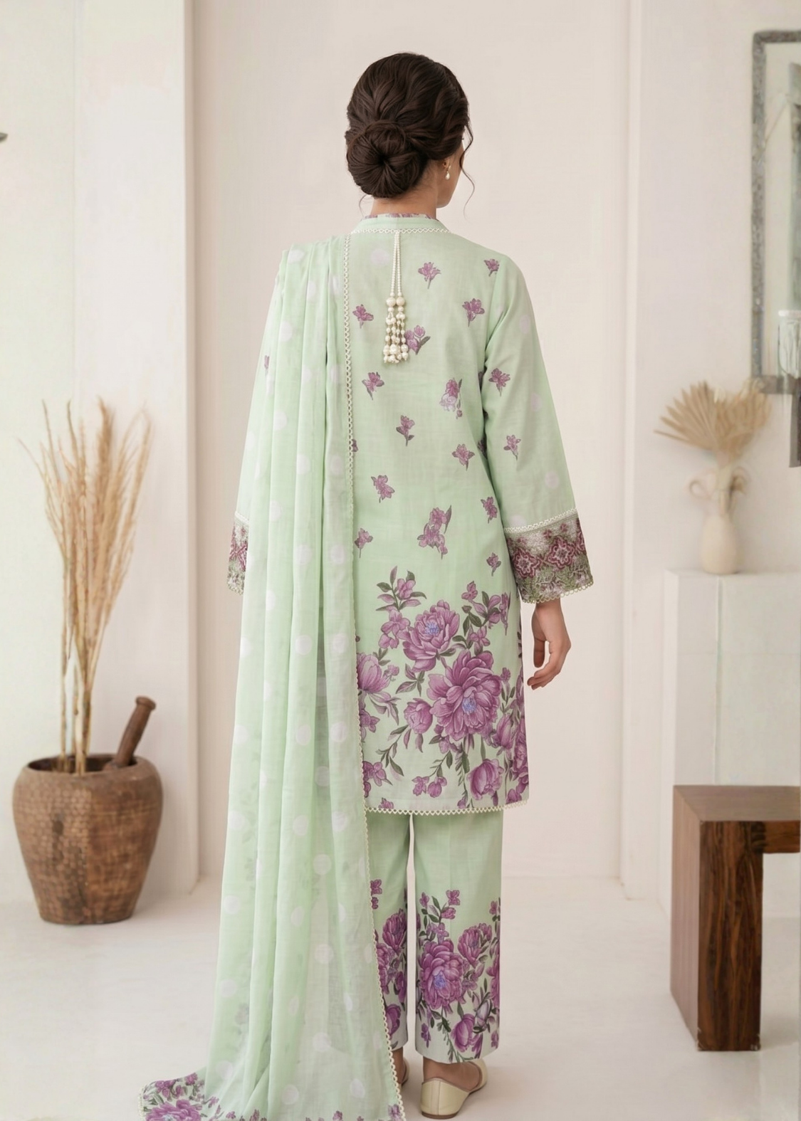 3-Pcs Stitched Lawn Suit Mint Blossom