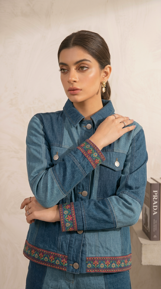Embroidered Denim Jacket with Patch Details