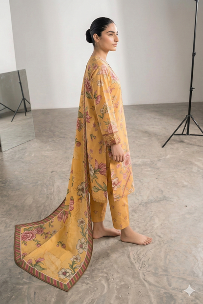 3-Pcs Stitched Lawn Suit Autumn Rose