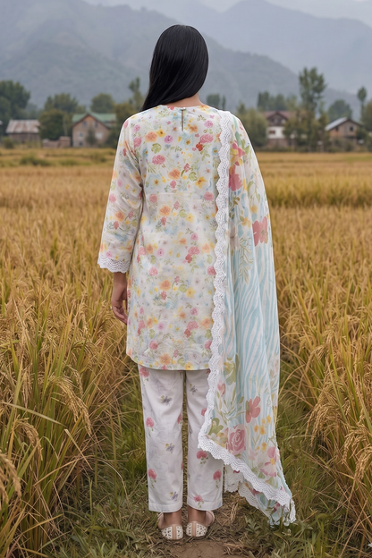 Person in a floral outfit standing in a rice field with mountains in the background