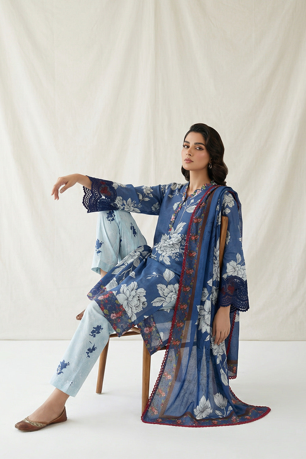 3-Pcs Stitched Lawn Suit Blue Noir