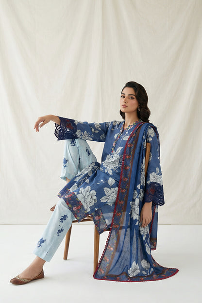 3-Pcs Stitched Lawn Suit Blue Noir