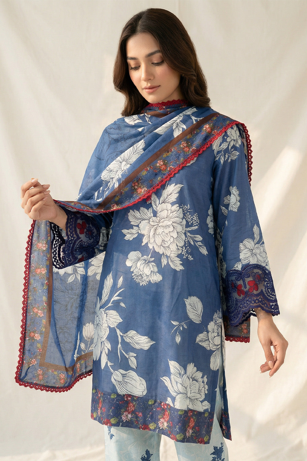 3-Pcs Stitched Lawn Suit Blue Noir