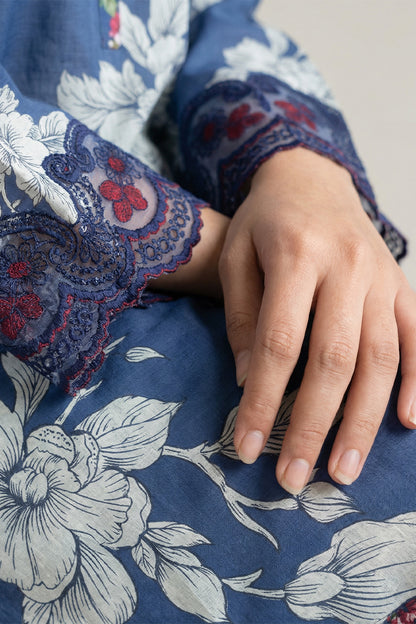 3-Pcs Stitched Lawn Suit Blue Noir