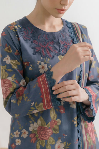 3-Pcs Stitched Lawn Suit Indigo Stripes