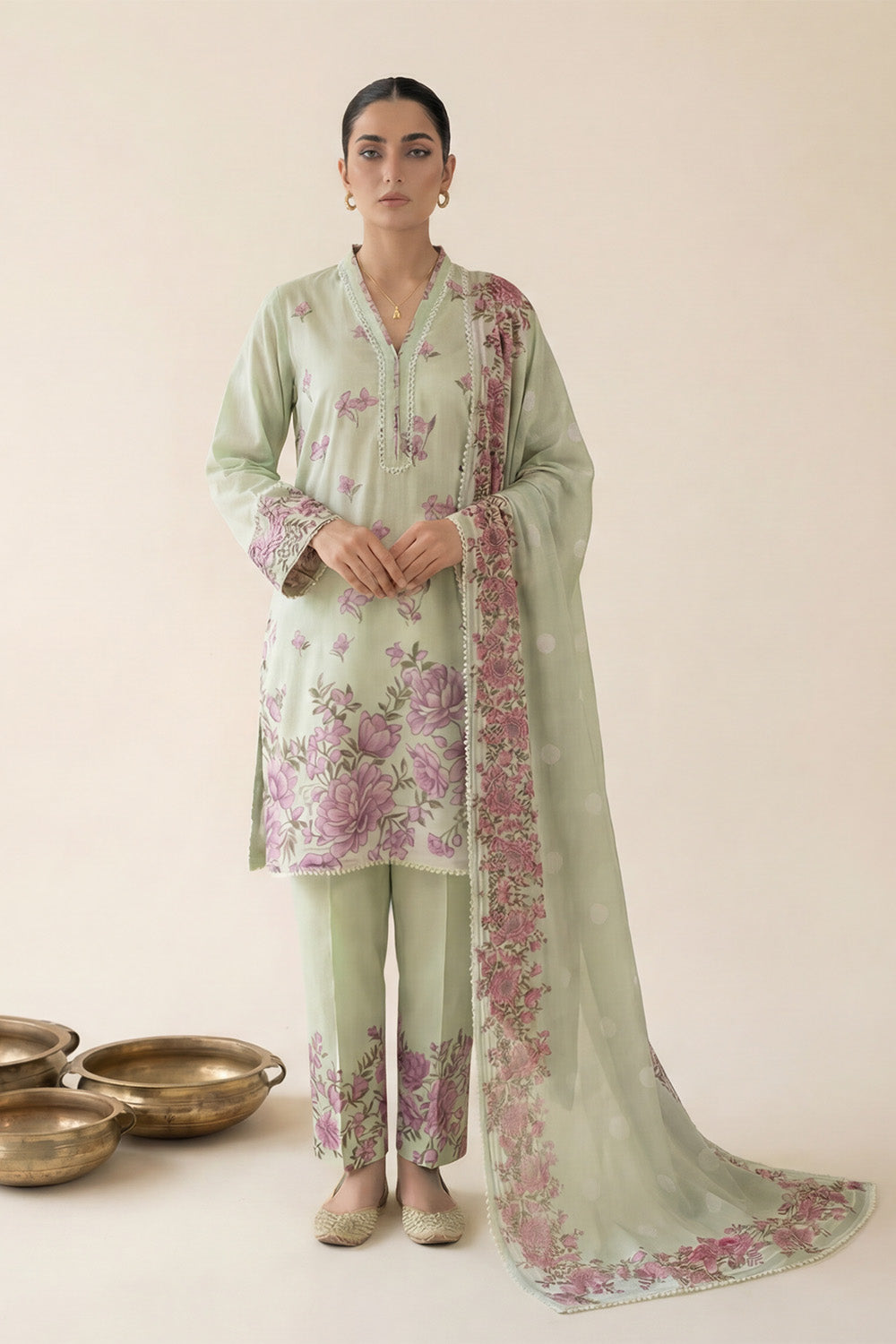 3-Pcs Stitched Lawn Suit Mint Blossom