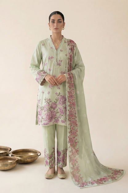 3-Pcs Stitched Lawn Suit Mint Blossom