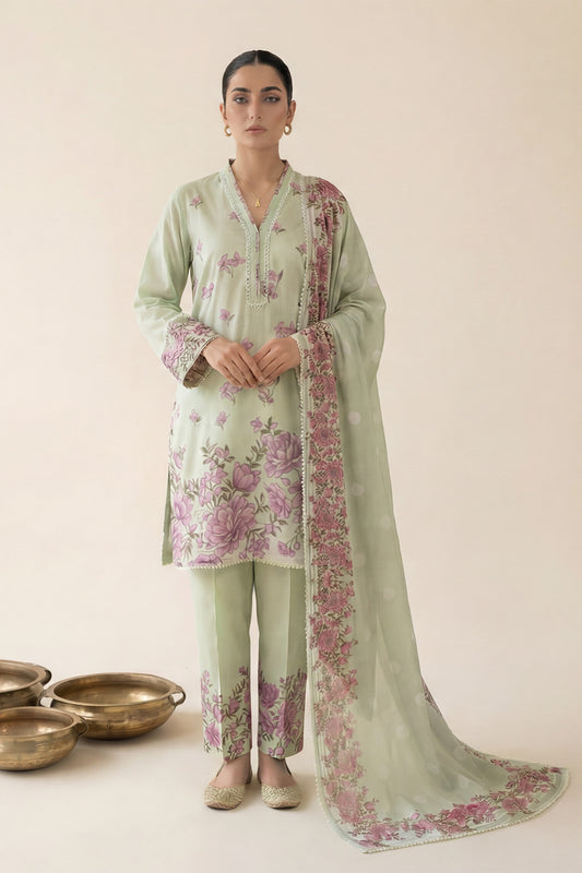 3-Pcs Stitched Lawn Suit Mint Blossom