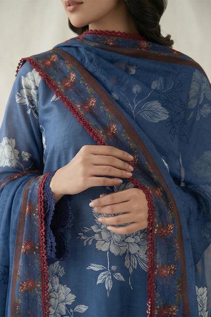 3-Pcs Stitched Lawn Suit Blue Noir