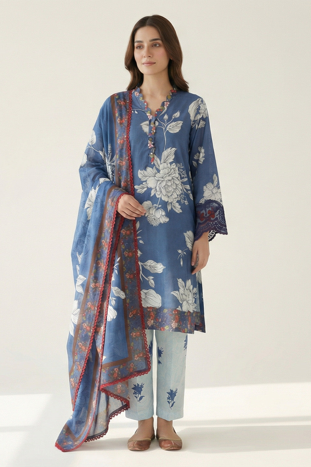 3-Pcs Stitched Lawn Suit Blue Noir