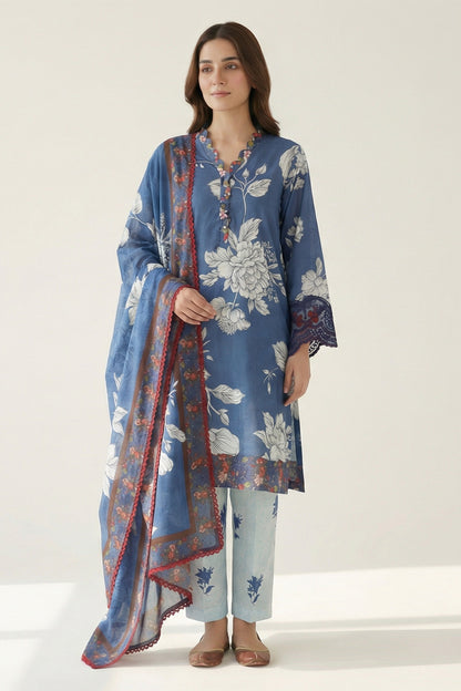 3-Pcs Stitched Lawn Suit Blue Noir