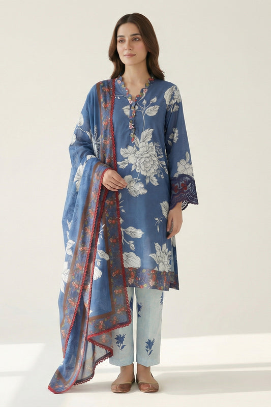 3-Pcs Stitched Lawn Suit Blue Noir