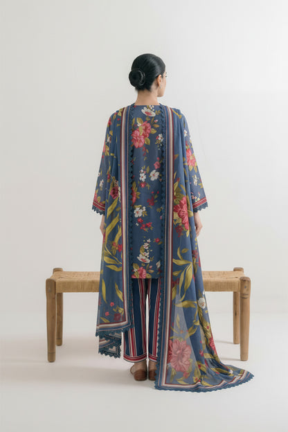 3-Pcs Stitched Lawn Suit Indigo Stripes