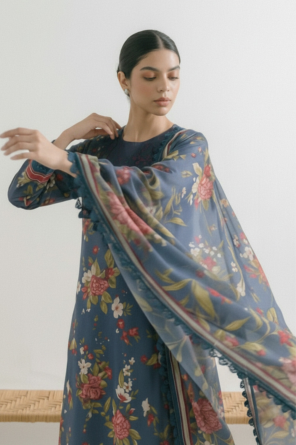 3-Pcs Stitched Lawn Suit Indigo Stripes