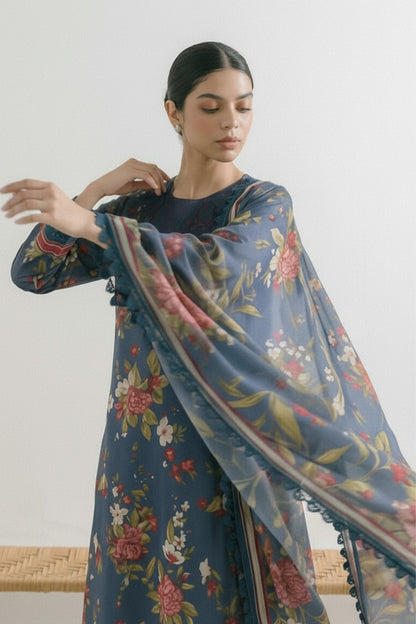 3-Pcs Stitched Lawn Suit Indigo Stripes